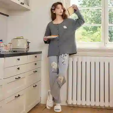 莫代尔 春秋季舒适柔软圆领开衫细腻免穿文胸带胸垫家居服可外穿睡衣套装 女款