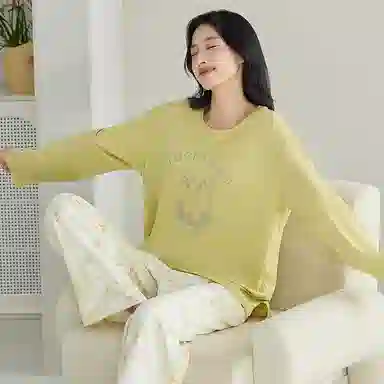 莫代尔 春秋季清新韩版个性纯棉圆领套头气质简洁长袖长裤家居服可外穿女士睡衣套装 女款