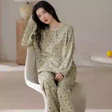 莫代尔 清新轻盈透气百搭纯棉圆领套头舒适亲肤细腻长袖长裤家居服可外穿睡衣套装 女款