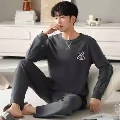 莫代尔 纯棉个性轻熟风舒适翻领开衫时尚百搭宽松长袖长裤家居服可外穿睡衣套装 男款