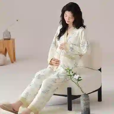 莫代尔 春秋清新带杯垫气质一体式月子家居服睡衣套装 女款