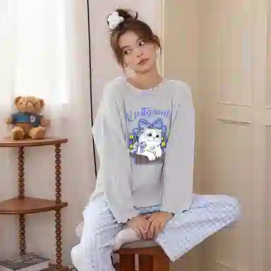 莫代尔 休闲简约保暖舒适圆领套头时尚气质长袖长裤家居服可外穿睡衣套装 女款