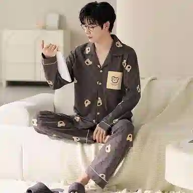 莫代尔 舒适柔软亲肤纯棉翻领开衫个性休闲简约长袖长裤家居服男士睡衣套装 男款