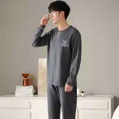 莫代尔 纯棉个性轻熟风舒适翻领开衫时尚百搭宽松长袖长裤家居服可外穿睡衣套装 男款