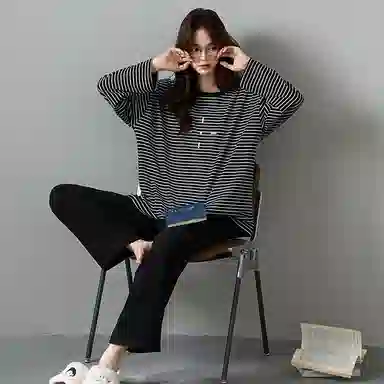 莫代尔 个性休闲简约百搭圆领套头舒适宽松显瘦保暖长袖长裤家居服可外穿女士睡衣套装 女款