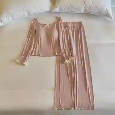 莫代尔 气质时尚百搭个性休闲简洁长袖长裤自带胸垫防凸点家居服可外穿女士睡衣套装 女款