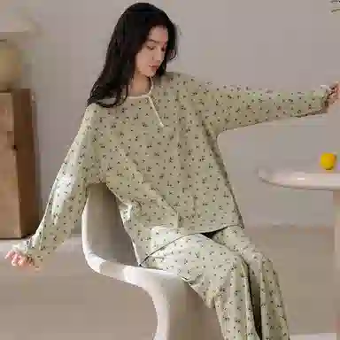 莫代尔 清新轻盈透气百搭纯棉圆领套头舒适亲肤细腻长袖长裤家居服可外穿睡衣套装 女款