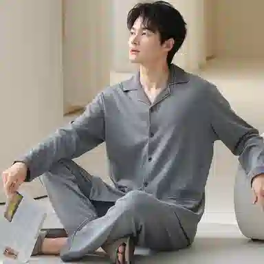 莫代尔 春秋季休闲简约舒适翻领开衫耐磨耐穿百搭个性无束缚家居服可外穿男士睡衣套装 男款