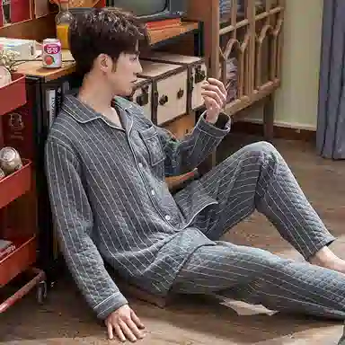 莫代尔 休闲简约舒适保暖翻领开衫蓄热轻盈亲肤柔软可外穿的家居服睡衣套装 男款