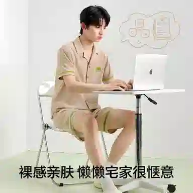 有棵树 纯色翻领开衫弹力短袖短裤两件套可外穿睡衣套装 男款 礼袋装