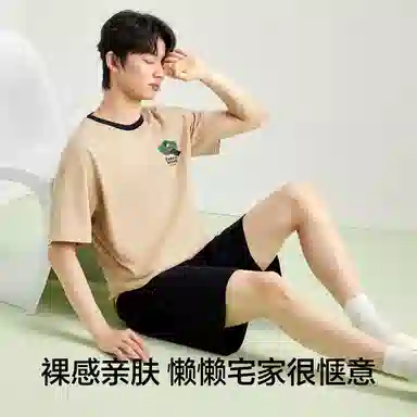 有棵树 纯棉圆领可外穿家居服舒适透气短袖五分裤夏季睡衣套装 男款 礼袋装