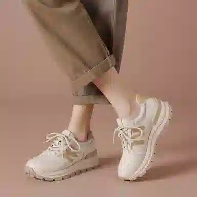 波尔谛奇 头层牛皮 舒适运动百搭厚底 轻便增高 低帮 生活休闲鞋 女款