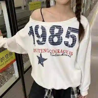 桴生 美式复古斜肩露肩宽松百搭印花上衣卫衣 女款