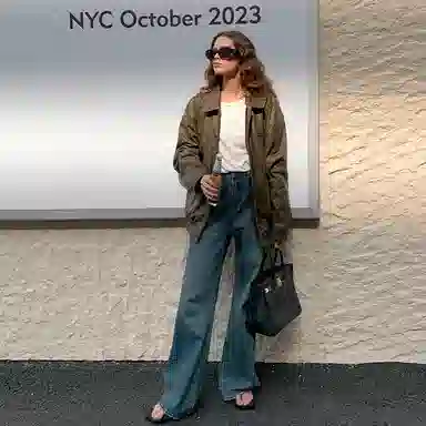 周淼 复古水洗纹理休闲宽松机车皮衣外套 女款