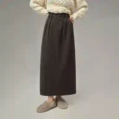 周淼 纯色斜纹捏褶高腰毛呢休闲长裙 女款