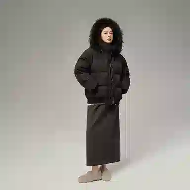 周淼 纯色斜纹捏褶高腰毛呢休闲长裙 女款