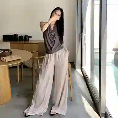 周淼 通勤简约薄款中腰阔腿休闲裤 女款