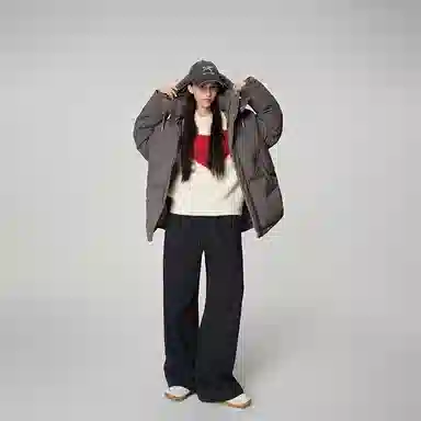 周淼 纯色抽绳高腰宽松直筒抓绒阔腿休闲裤 女款