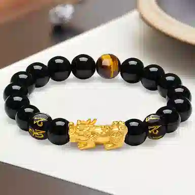 阿梵尼 足银貔貅 黄虎眼石 新中式六字真言招财纳福吞金兽复古大气 玛瑙 手串 男款