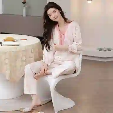 草本初色 简约亲肤舒适套头长袖甜美可爱休闲可外穿长裤睡衣套装 女款 图片色