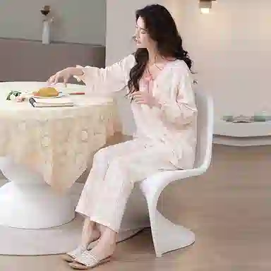 草本初色 简约亲肤舒适套头长袖甜美可爱休闲可外穿长裤睡衣套装 女款 图片色