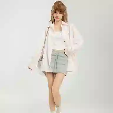 柏黛妃 条纹翻领落肩宽松休闲长袖衬衫 女款 粉色