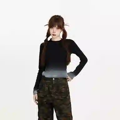 柏黛妃 渐变内搭修身短款圆领长袖针织衫 女 黑色