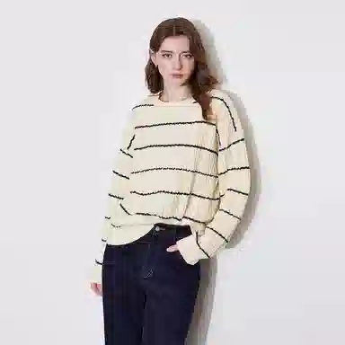 柏黛妃 条纹镂空小个子圆领长袖针织衫 女款