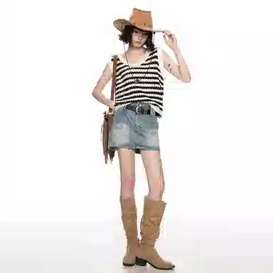 柏黛妃 拼色条纹镂空套头圆领背心 女款 黑色