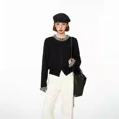 柏黛妃 假两件短款长袖打底针织衫 女款 黑色