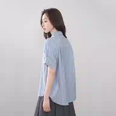 柏黛妃 设计感翻领宽松短袖衬衫 女款 蓝色