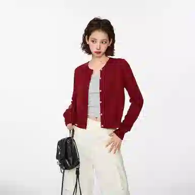 柏黛妃 纯色圆领修身短款针织衫 女款 红色