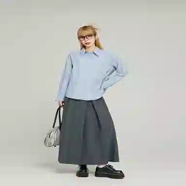 柏黛妃 休闲宽松条纹长袖衬衫 女款 蓝色