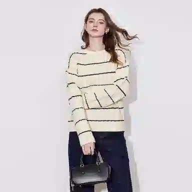 柏黛妃 条纹镂空小个子圆领长袖针织衫 女款
