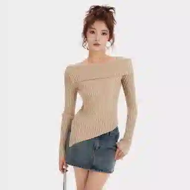 柏黛妃 纯色一字肩修身不规则短款针织衫 女款