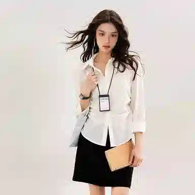 柏黛妃 翻领修身收腰薄款纯色简约长袖衬衫 女款