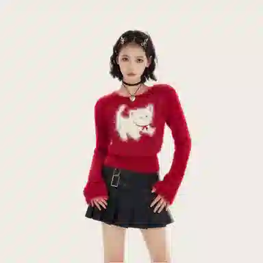 柏黛妃 动物图案小猫咪短款圆领毛衣 女款 红色