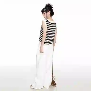 柏黛妃 拼色条纹镂空套头圆领背心 女款 黑色