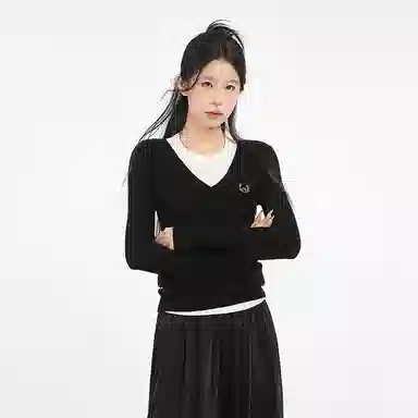 柏黛妃 假两件短款长袖上衣针织衫 女款 黑色+赠品