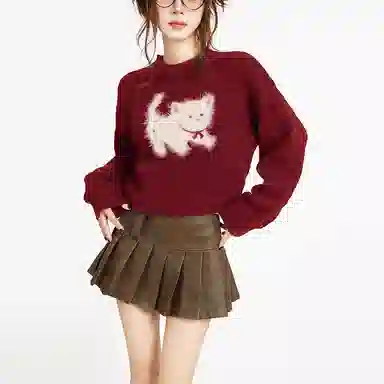 柏黛妃 动物图案小猫咪短款圆领毛衣 女款 红色