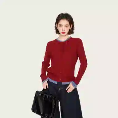 柏黛妃 假两件长袖短款打底针织衫 女款 红色