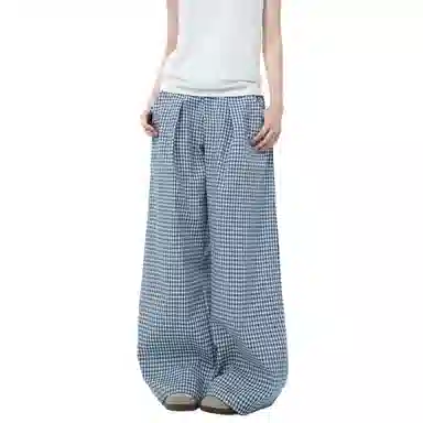 柏黛妃 格子高腰拖地阔腿休闲裤宽松直筒长裤小个子裤子 女款