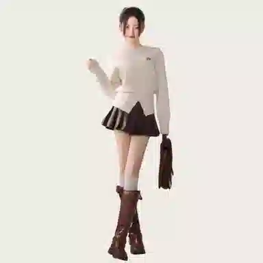 柏黛妃 纯色正肩收腰开叉毛衣 女款 白杏色