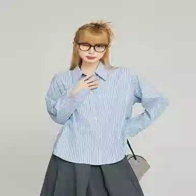 柏黛妃 休闲宽松条纹长袖衬衫 女款 蓝色