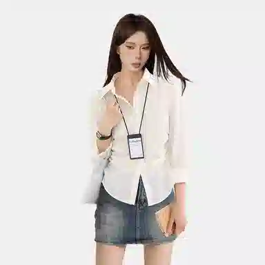 柏黛妃 翻领修身收腰薄款纯色简约长袖衬衫 女款