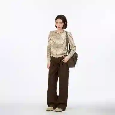 柏黛妃 条纹连帽长袖短款开衫针织衫 女款 燕麦色