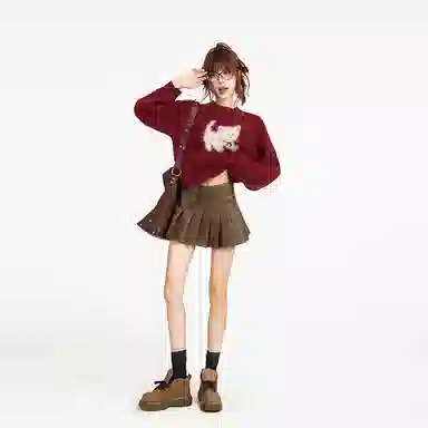 柏黛妃 动物图案小猫咪短款圆领毛衣 女款 红色