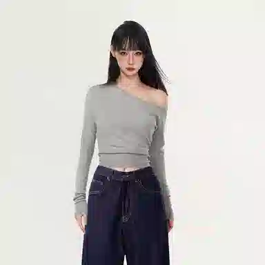 柏黛妃 斜肩漏肩长袖内搭纯色针织衫 女款