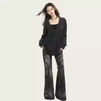 Bodafee V-Neck Knit Sweater Black Grey