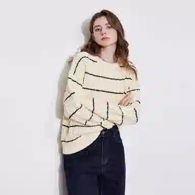 柏黛妃 条纹镂空小个子圆领长袖针织衫 女款